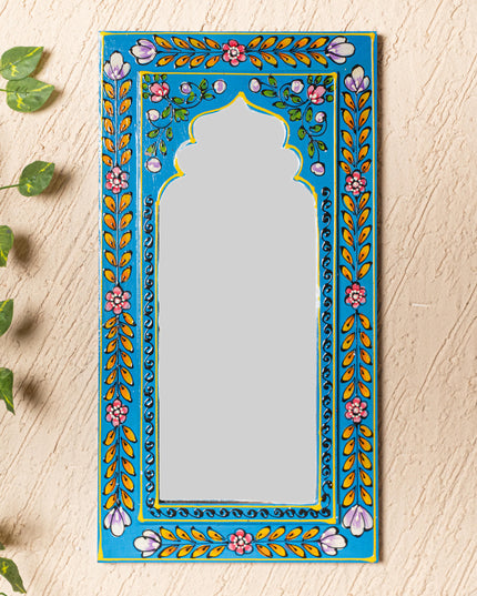 Wooden Handpainted Wall Decor with Mirror - Blue - 18x9 inch - WL5195