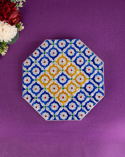 Hexagon Shaped Meenakari Manai - Blue - 8x8 inch - WBG1805-1
