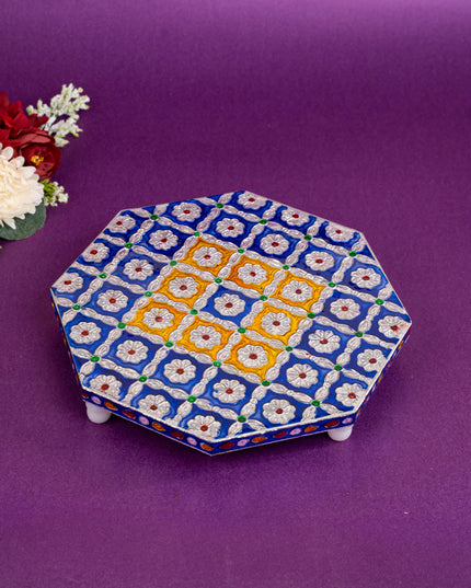 Hexagon Shaped Meenakari Manai - Blue - 8x8 inch - WBG1805-1