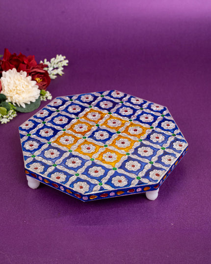 Hexagon Shaped Meenakari Manai - Blue - 8x8 inch - WBG1805-1
