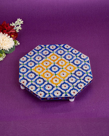 Hexagon Shaped Meenakari Manai - Blue - 8x8 inch - WBG1805-1