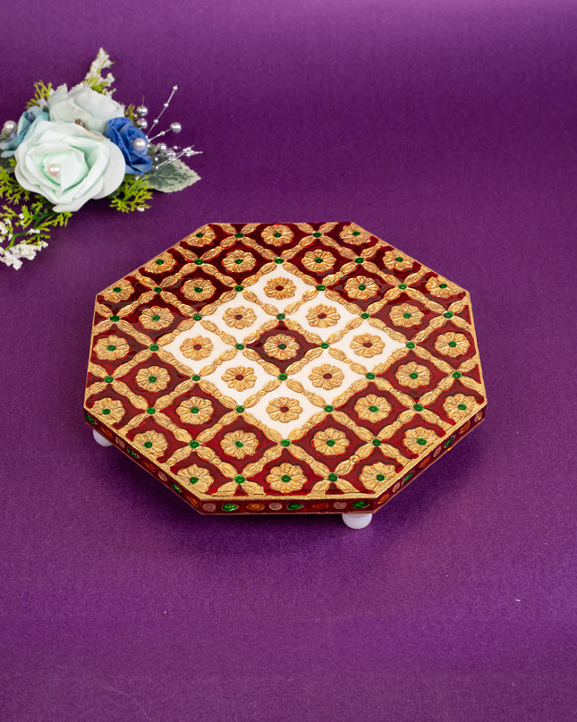 Hexagon Shaped Meenakari Manai - Red & White - 8x8 inch - WBG1805-2