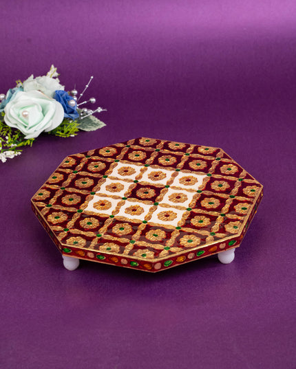 Hexagon Shaped Meenakari Manai - Red & White - 8x8 inch - WBG1805-2