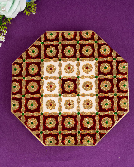 Hexagon Shaped Meenakari Manai - Red & White - 8x8 inch - WBG1805-2