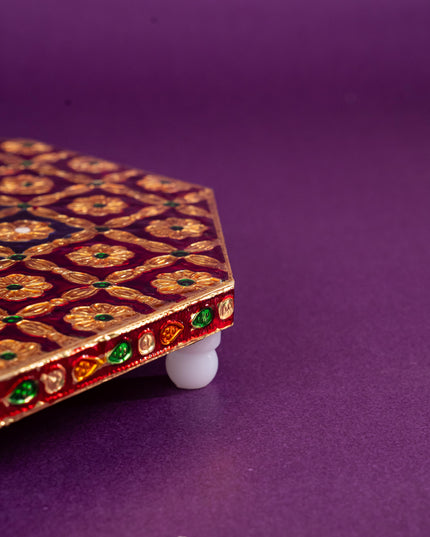 Hexagon Shaped Meenakari Manai - Red & Blue - 8x8 inch - WBG1805-3
