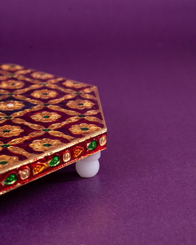 Hexagon Shaped Meenakari Manai - Red & Blue - 8x8 inch - WBG1805-3