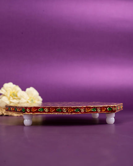 Hexagon Shaped Meenakari Manai - Red & Blue - 8x8 inch - WBG1805-3