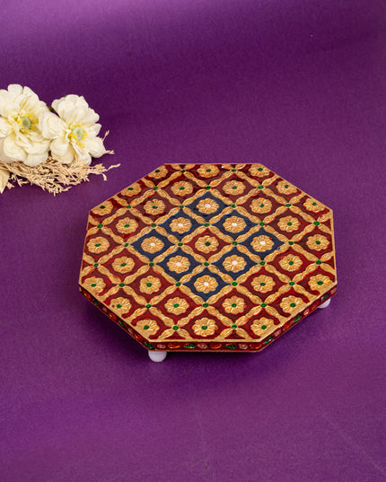 Hexagon Shaped Meenakari Manai - Red & Blue - 8x8 inch - WBG1805-3