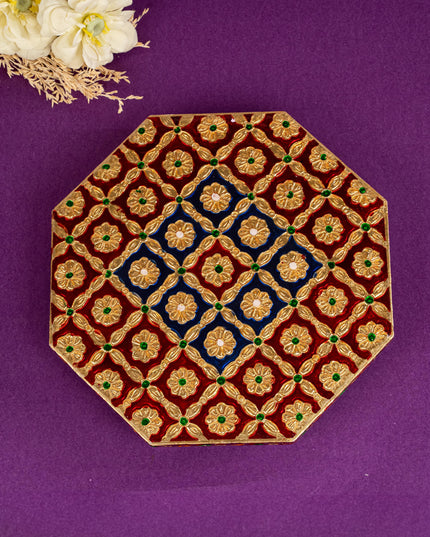 Hexagon Shaped Meenakari Manai - Red & Blue - 8x8 inch - WBG1805-3