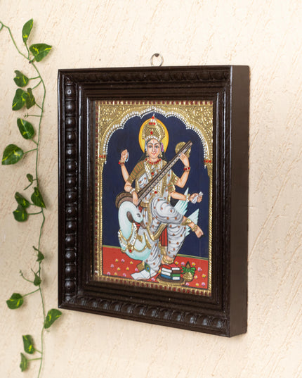 Tanjore Painting - Swan Saraswathi - Semi Embossed - 12x10 inch - WL5203