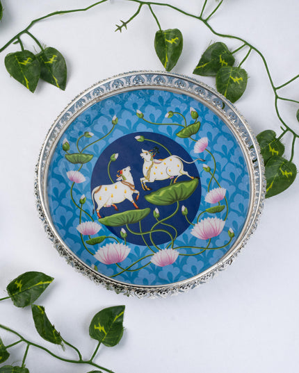 German Silver Pichwai Tray - Blue - 8 inch - WL5217-1