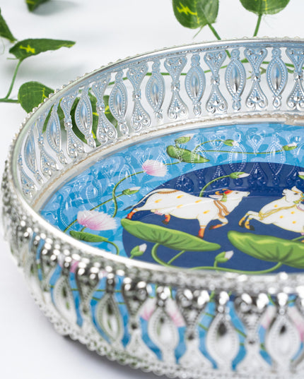 German Silver Pichwai Tray - Blue - 8 inch - WL5217-1