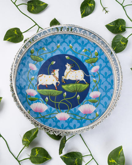 German Silver Pichwai Tray - Blue - 8 inch - WL5217-1