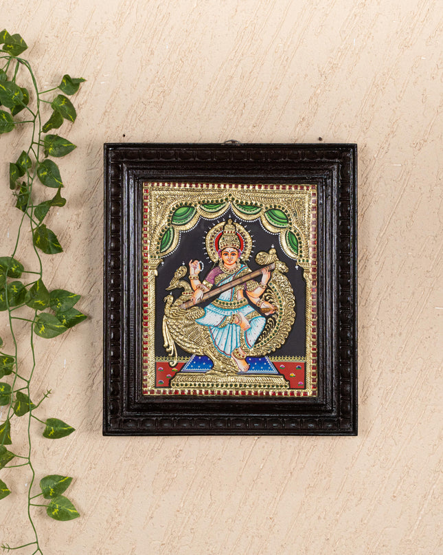 Tanjore Painting - Swan Saraswathi - Flat (Gold Foil) - 12x10 inch - WL5233