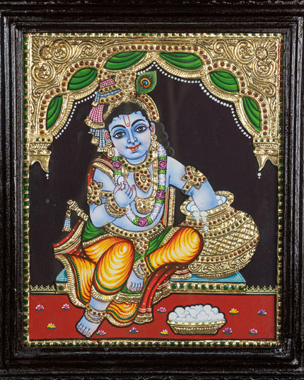Tanjore Painting - Butter Krishna - Flat (Gold Foil) - 12x10 inch - WL5234