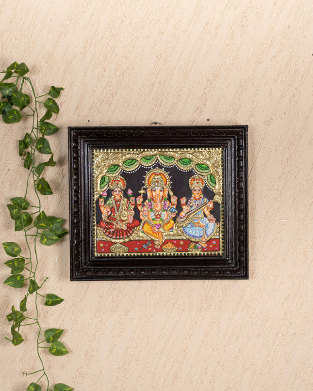 Tanjore Painting - Lakshmi-Ganesha-Saraswathi - Semi Embossed - 12x10 inch - WL5237