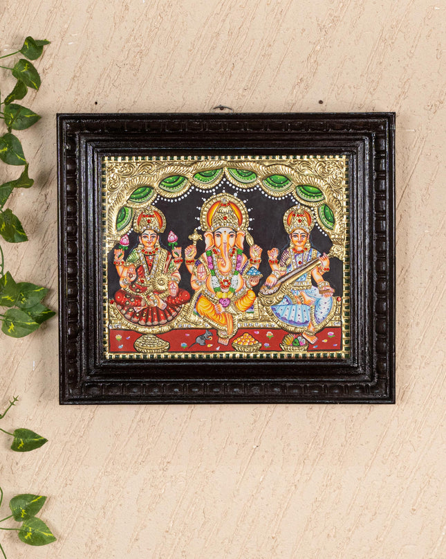 Tanjore Painting - Lakshmi-Ganesha-Saraswathi - Semi Embossed - 12x10 inch - WL5237