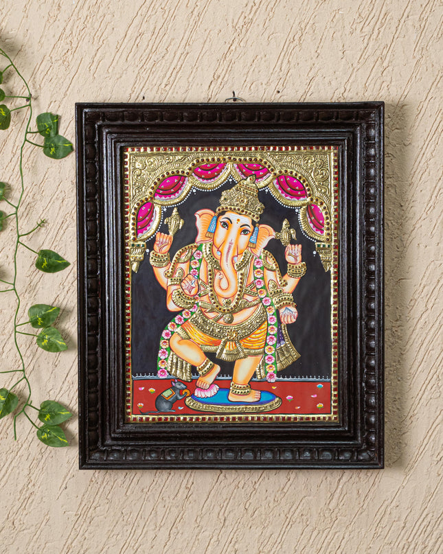 Tanjore Painting - Standing Ganesha - Flat (Gold foil) - 15x12 inch - WL5240