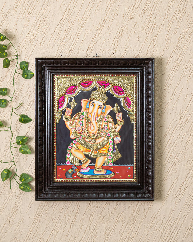 Tanjore Painting - Standing Ganesha - Flat (Gold foil) - 15x12 inch - WL5240