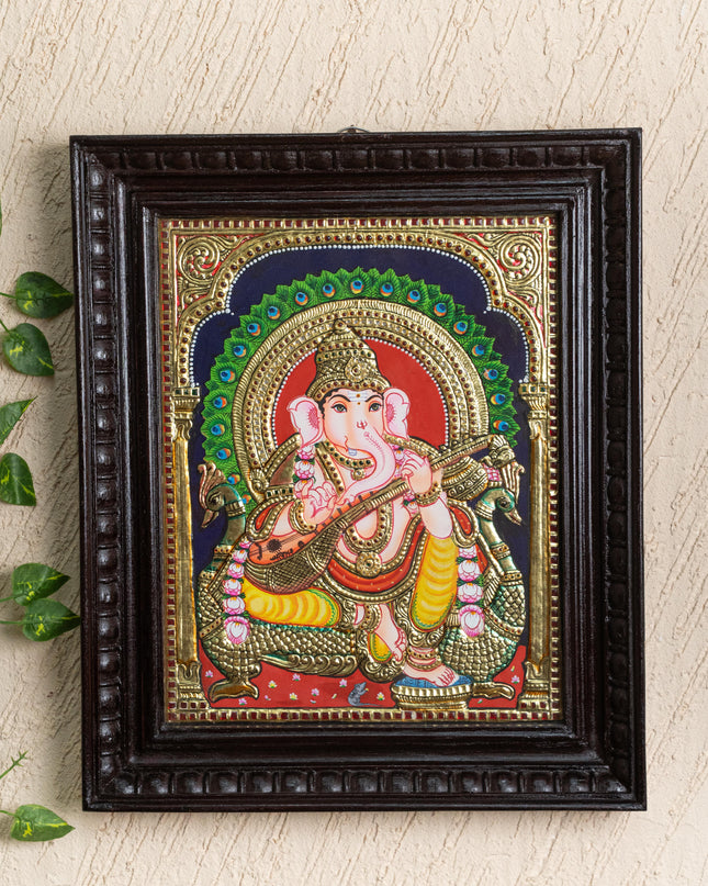 Tanjore Painting Peacock Ganesha - Flat (Gold foil) - 15x12 inch - WL5241