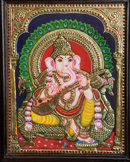 Tanjore Painting Peacock Ganesha - Flat (Gold foil) - 15x12 inch - WL5241