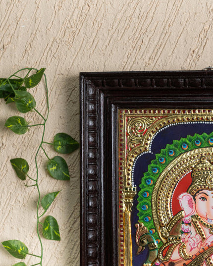Tanjore Painting Peacock Ganesha - Flat (Gold foil) - 15x12 inch - WL5241