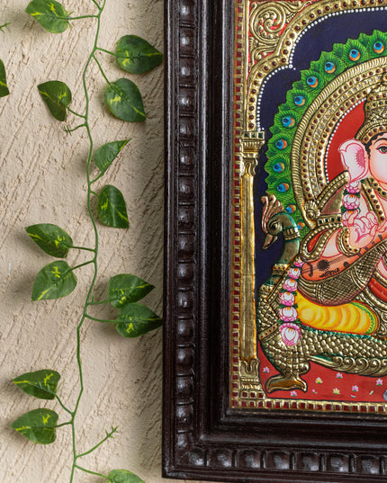 Tanjore Painting Peacock Ganesha - Flat (Gold foil) - 15x12 inch - WL5241