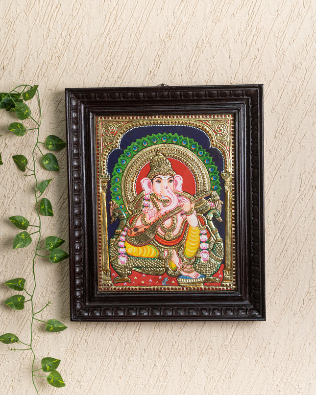 Tanjore Painting Peacock Ganesha - Flat (Gold foil) - 15x12 inch - WL5241