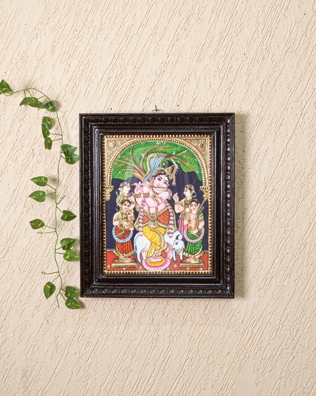 Tanjore Painting - Krishna with Gopikas - Flat (Gold Foil) - 15x12 inch - WL5243