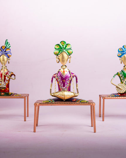 Metal Handpainted Marwari Musician on Chair - Set of 3 - WL5254