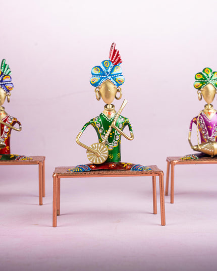 Metal Handpainted Marwari Musician on Chair - Set of 3 - WL5254