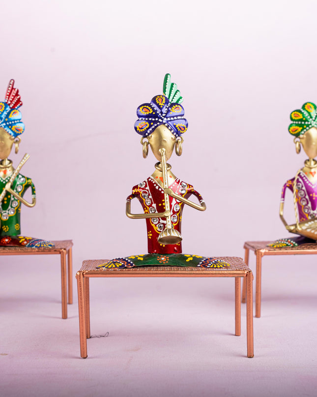Metal Handpainted Marwari Musician on Chair - Set of 3 - WL5254