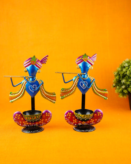 Metal Handpainted Krishna T Light Holder - Set of 2 - WL5255-1