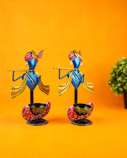 Metal Handpainted Krishna T Light Holder - Set of 2 - WL5255-1