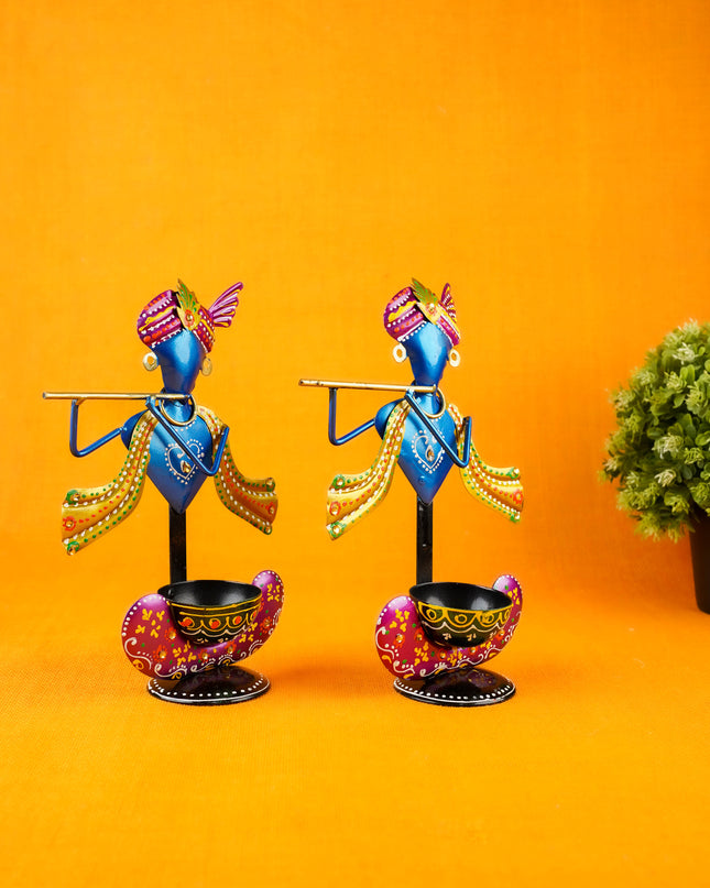 Metal Handpainted Krishna T Light Holder - Set of 2 - WL5255-1