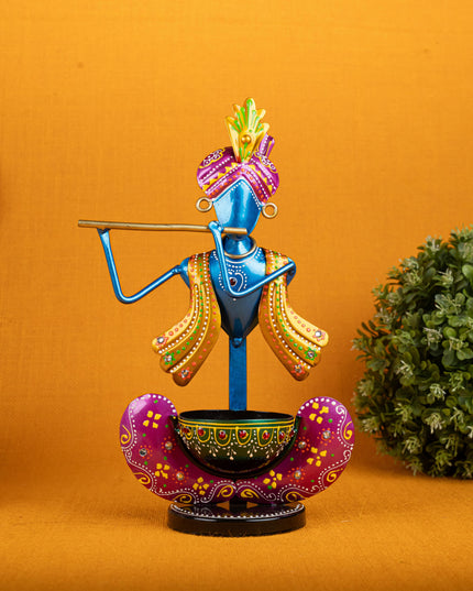 Metal Handpainted Krishna T Light Holder - Set of 2 - WL5255-2