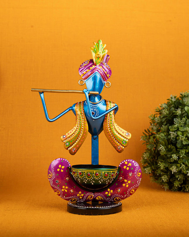 Metal Handpainted Krishna T Light Holder - Set of 2 - WL5255-2