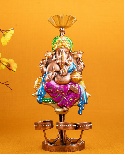 Metal Handpainted Ganesha T Light Holder - Set of 2 - WL5257