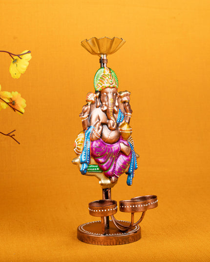 Metal Handpainted Ganesha T Light Holder - Set of 2 - WL5257