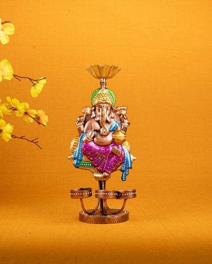 Metal Handpainted Ganesha T Light Holder - Set of 2 - WL5257