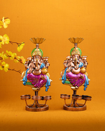 Metal Handpainted Ganesha T Light Holder - Set of 2 - WL5257