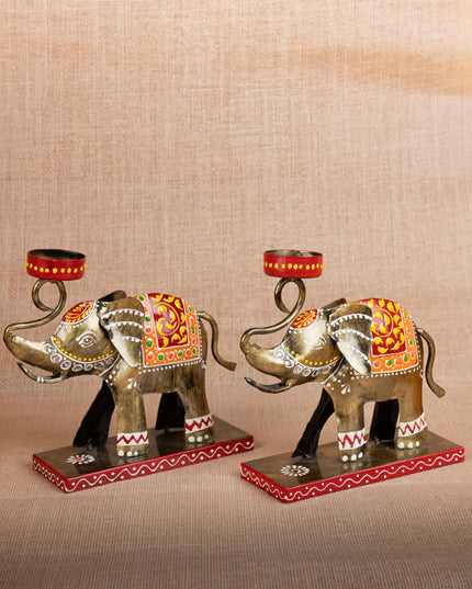 Metal Handpainted Elephant  T Light Holder - Set of 2 - WL5260