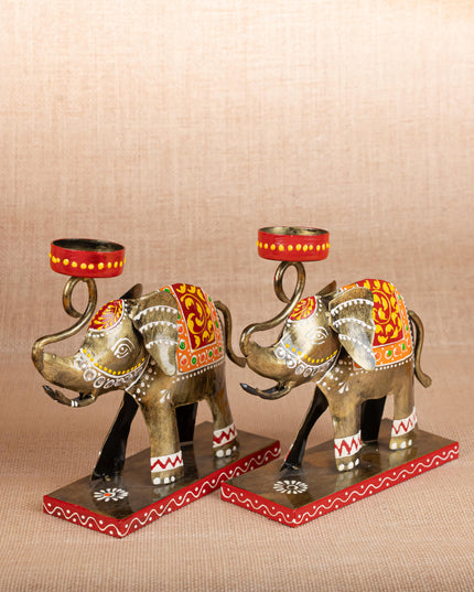 Metal Handpainted Elephant  T Light Holder - Set of 2 - WL5260