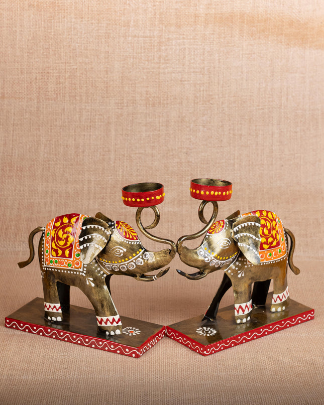 Metal Handpainted Elephant  T Light Holder - Set of 2 - WL5260