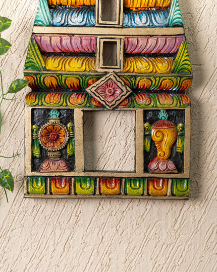 Wooden Carved - Kovil Gopuram with Shankh Chakra Wall Hanging - 18 inch - WL5266