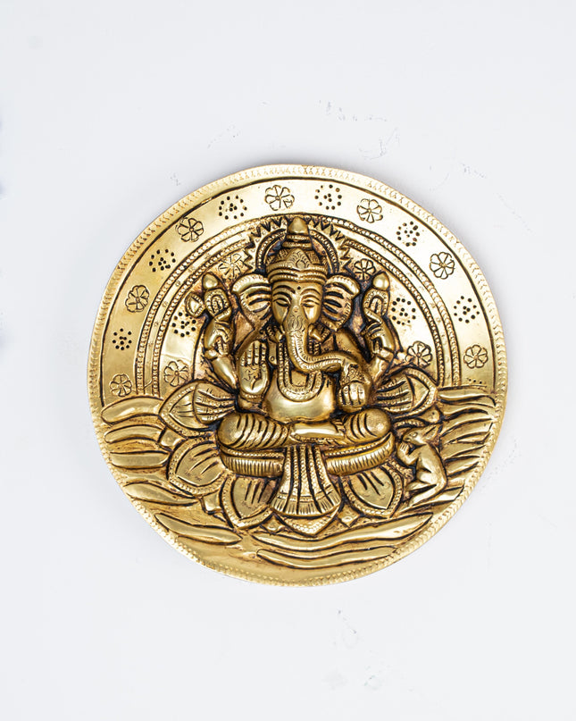Brass Lotus Ganesha Round Plate Wall Hanging - 7 inch - WL5284