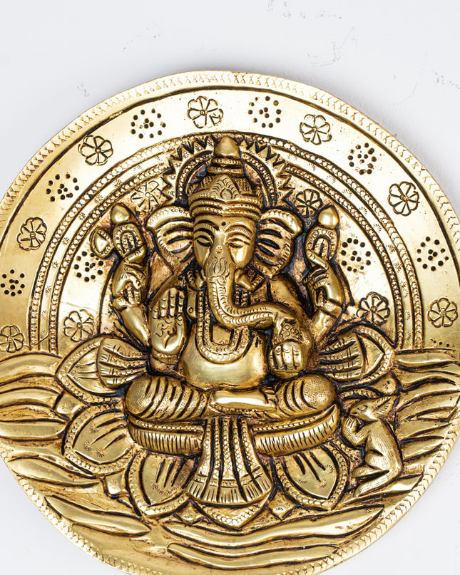 Brass Lotus Ganesha Round Plate Wall Hanging - 7 inch - WL5284