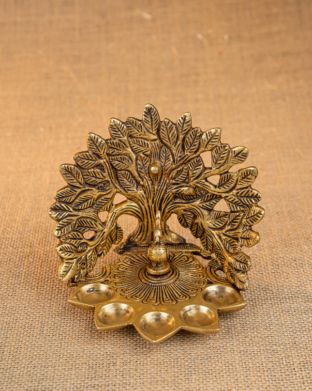 Brass Tree Peacock Five Face Diya  - 4 inch - WL5288