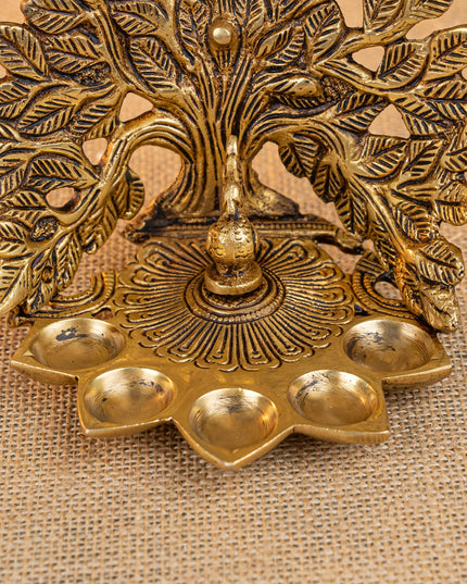 Brass Tree Peacock Five Face Diya  - 4 inch - WL5288