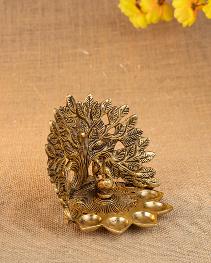 Brass Tree Peacock Five Face Diya  - 4 inch - WL5288